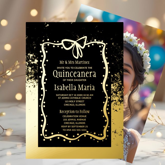 Black and Gold Foil Quinceañera Invitation Bow  (Creator Uploaded)