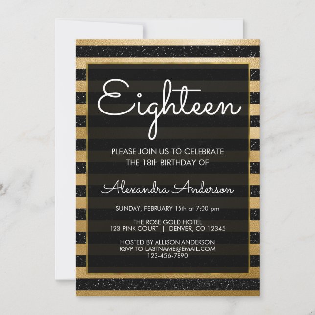 Black and Gold Foil Stripe Eighteenth Birthday Invitation (Front)