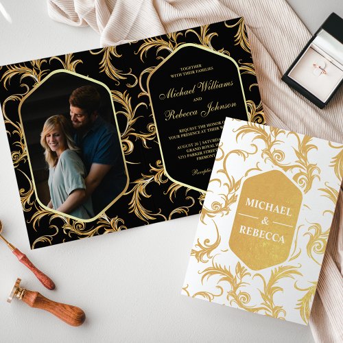 Black and Gold Foil Swirls Wedding Invitation