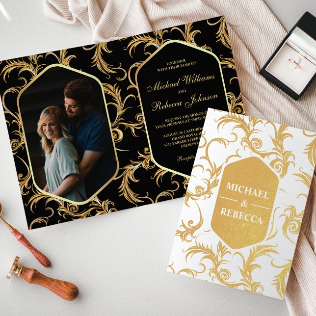 Black and Gold Foil Swirls Wedding Invitation (Creator Uploaded)