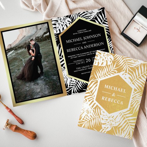 Black and Gold Foil Tropical Palm Wedding Invite