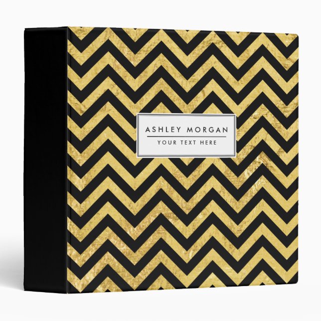 Black and Gold Foil Zigzag Stripes Chevron Pattern Binder (Front/Spine)