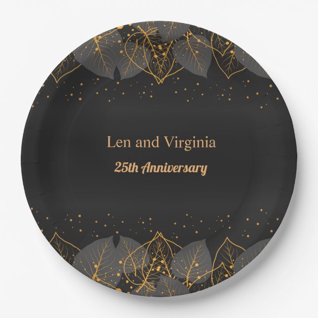 Black and Gold Foliage Borders template Paper Plates (Front)