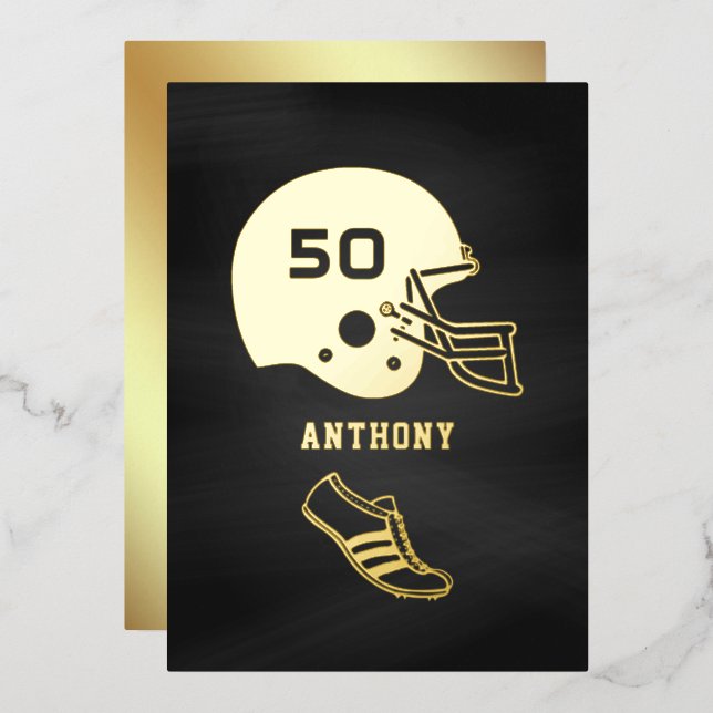 Black and Gold Football Birthday Chalkboard Foil Invitation (Front/Back)