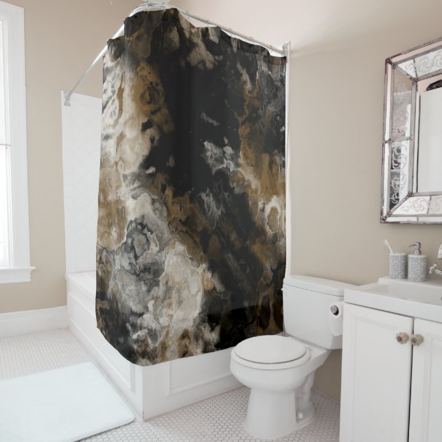 Black and Gold Fractal abstract Shower Curtain (In Situ)