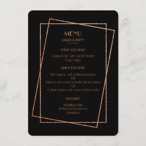 Black and gold frame art deco wedding menu card