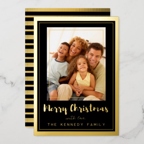 Black And Gold Frame Merry Christmas Family Photo Foil Holiday Card