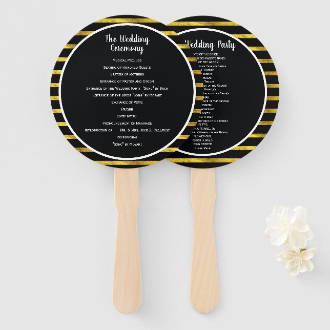 Black and Gold Frame Wedding Program Fan (Front and Back)