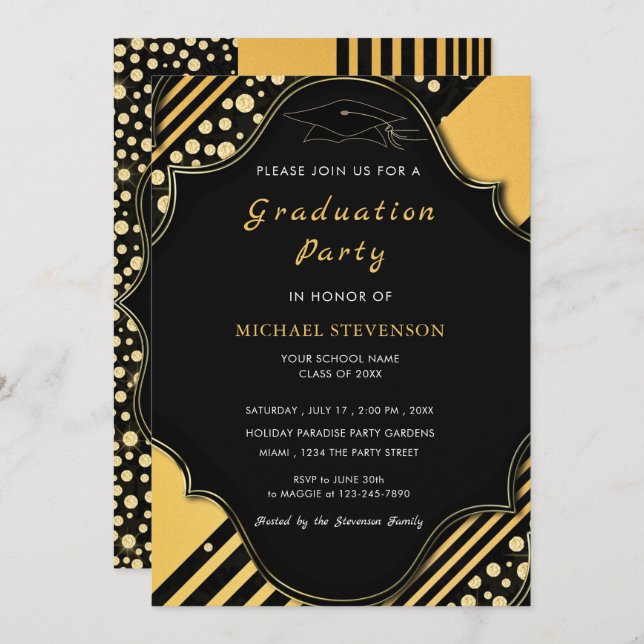 Black and Gold Framed Graduation Invitation (Front/Back)