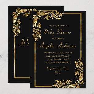Black and Gold Frames Baby Girl Shower Invitation