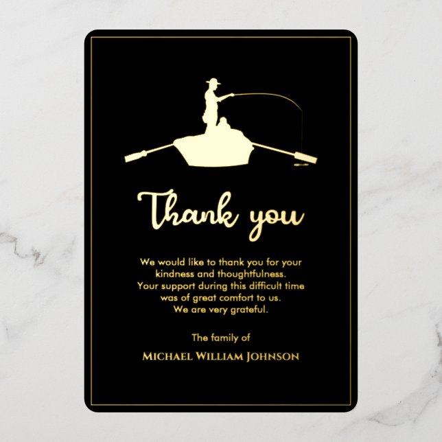 Black And Gold Funeral Memorial Forever Fishing Foil Invitation (Front)