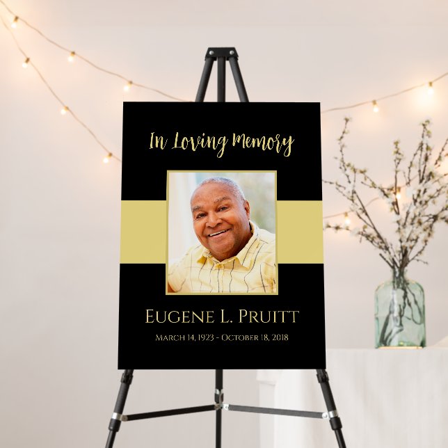 Black and Gold Funeral Memorial Photo Poster Board (In Situ (Stand))