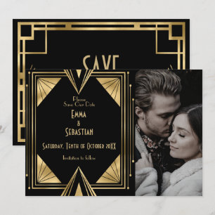 Black and Gold Gatsby Art Deco photo wedding  Save The Date