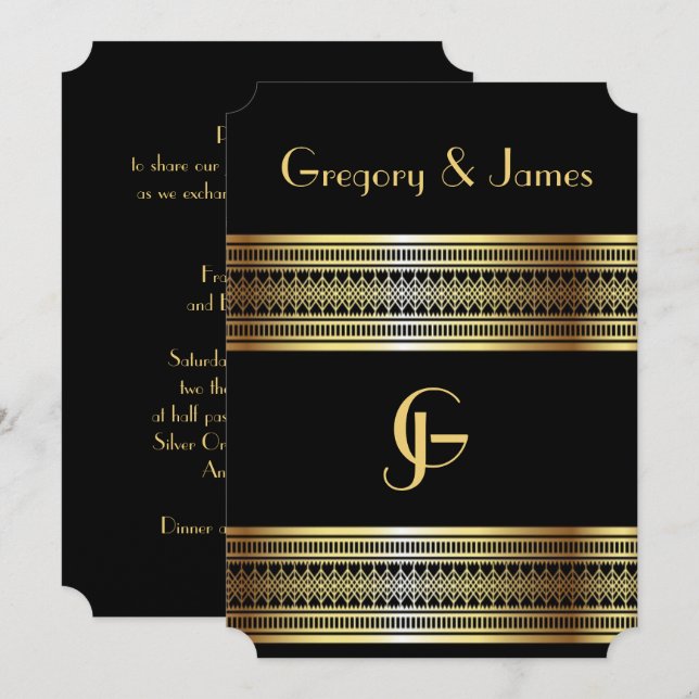 Black and Gold Gay/Lesbian Wedding Invitation (Front/Back)