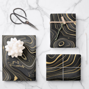 Black and Gold Geode Strata Textures Wrapping Paper Sheets