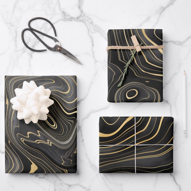 Black and Gold Geode Strata Textures Wrapping Paper Sheets (Front)