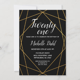 Black and Gold Geometric 21st Birthday Invitation