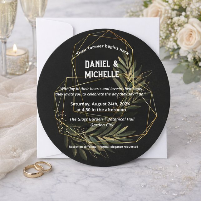 Black and Gold Geometric Botanical Wedding Invitation (Creator Uploaded)
