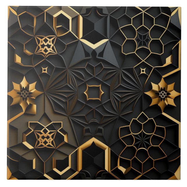 Black and Gold Geometric Floral Mosaic Effect Ceramic Tile (Front)
