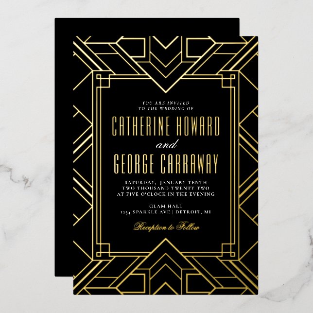 Black and Gold Geometric Gatsby Wedding Foil Invitation (Front/Back)