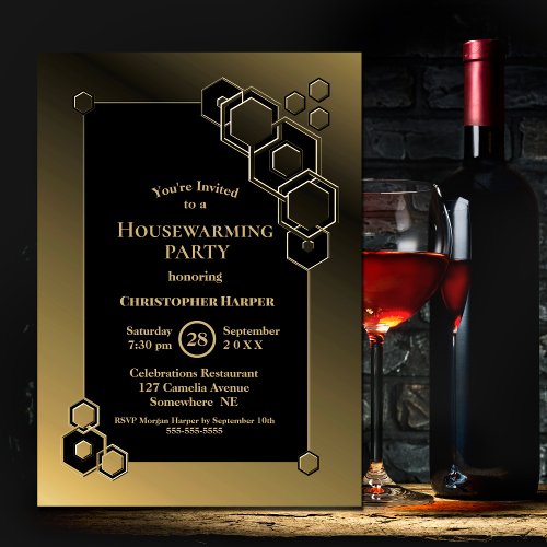 Black and Gold Geometric Housewarming Party Invitation