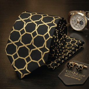 Black and Gold Geometric Lattice Men's Necktie
