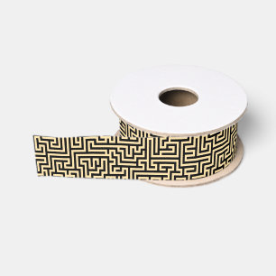 Black and Gold Geometric Maze Pattern Grosgrain Ribbon