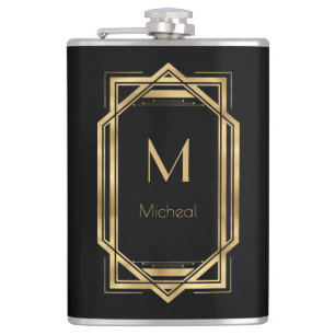 Black and Gold Geometric Monogram & Name Flask