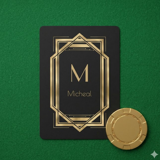 Black and Gold Geometric | Monogram & Name Poker Cards (Creator Uploaded)