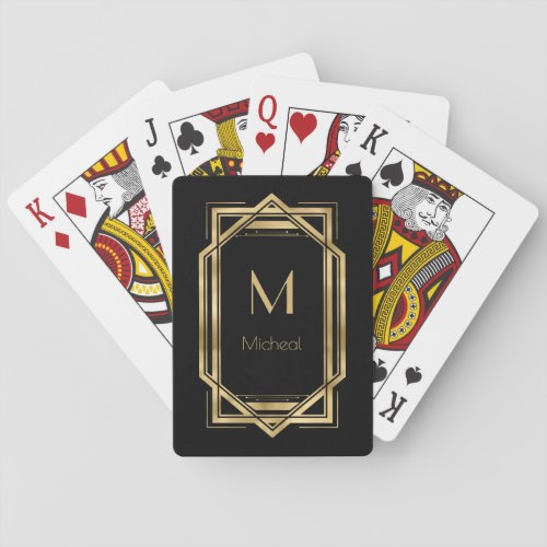 Black and Gold Geometric  Monogram  Name Poker Cards