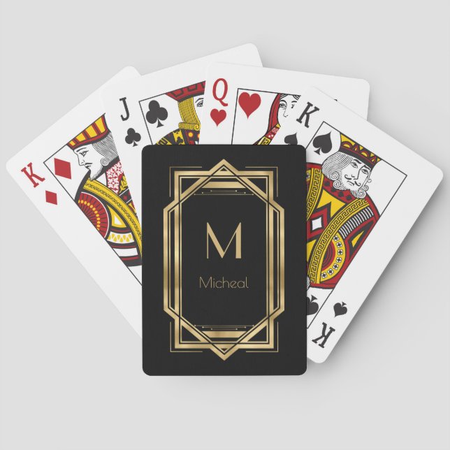 Black and Gold Geometric | Monogram & Name Poker Cards (Back)