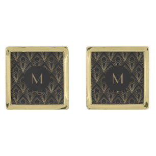 Black and Gold Geometric Pattern Monogram Cufflinks