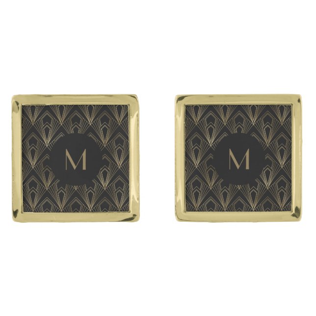 Black and Gold Geometric  Pattern | Monogram Cufflinks (Front)