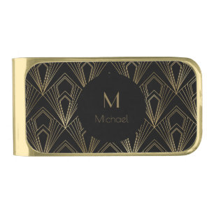 Black and Gold Geometric Pattern Monogram Gold Finish Money Clip