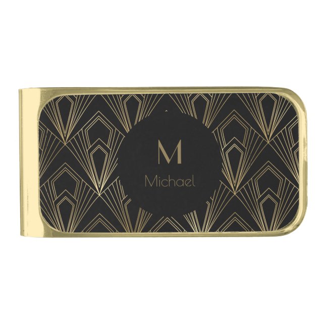 Black and Gold Geometric  Pattern | Monogram Gold Finish Money Clip (Front)