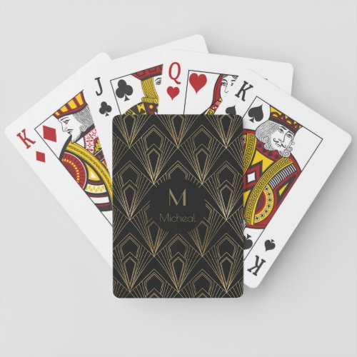 Black and Gold Geometric  Pattern  Monogram Poker Cards