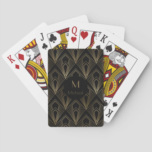 Black and Gold Geometric  Pattern | Monogram Poker Cards (Back)