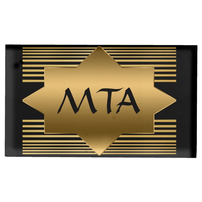 Black and Gold Geometric Personalized Monogram Place Card Holder (Front)
