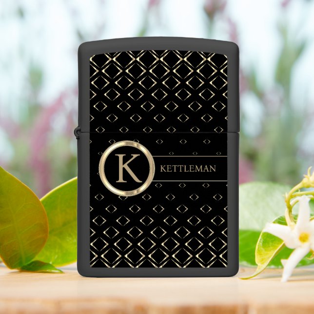 Black and Gold Geomtric Zippo Lighter (On Table)