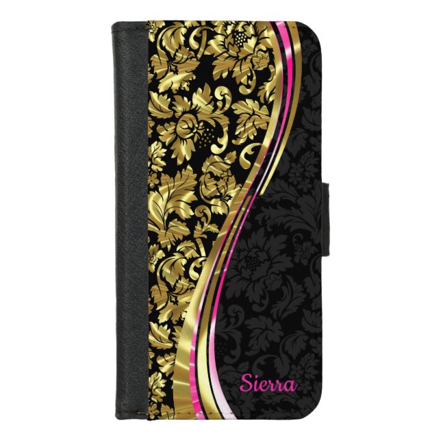 Black And Gold Girly Damasks iPhone Wallet Case (Front)