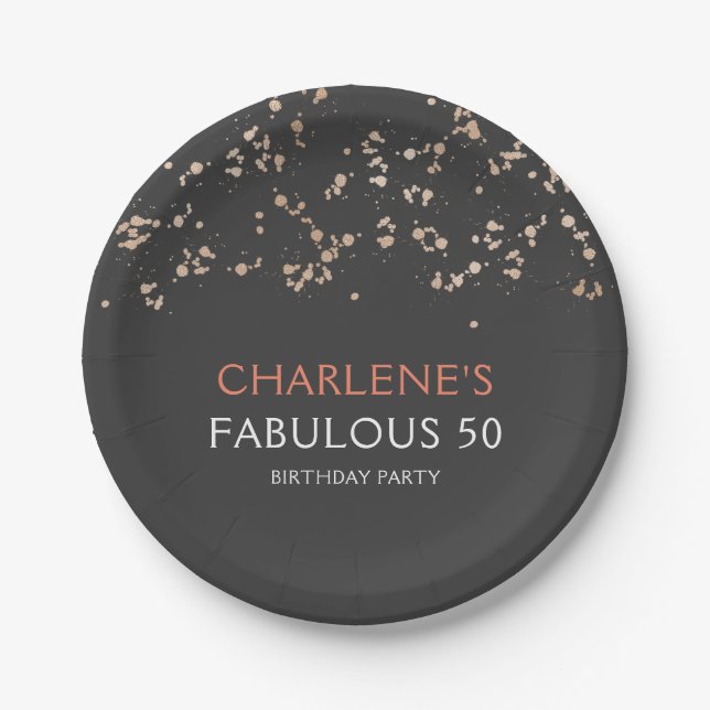 Black and Gold Girly Fabulous 50 Birthday Paper Plates (Front)