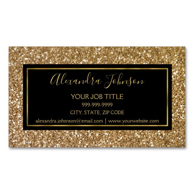 Black and Gold Girly Sparkle Glitter Salon Business Card Magnet (Front)