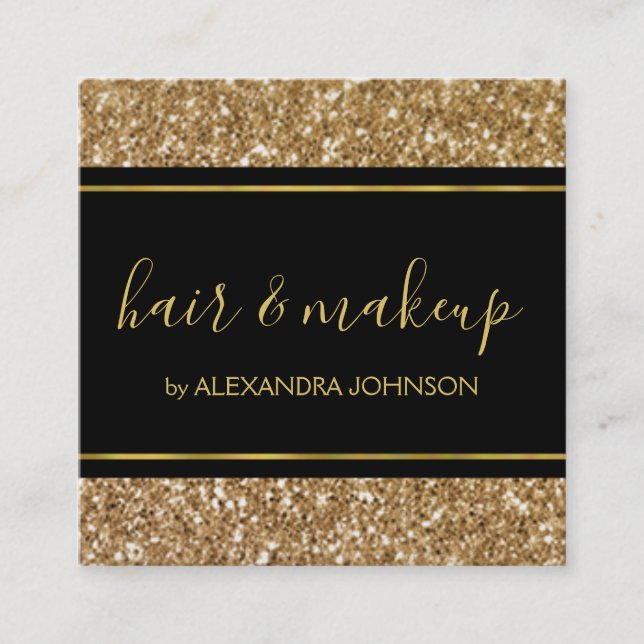 Black and Gold Girly Sparkle Glitter Salon Square Business Card (Front)