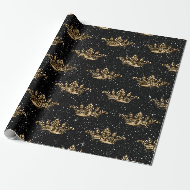 Black and Gold Glam Crown Pattern Wrapping Paper (Unrolled)