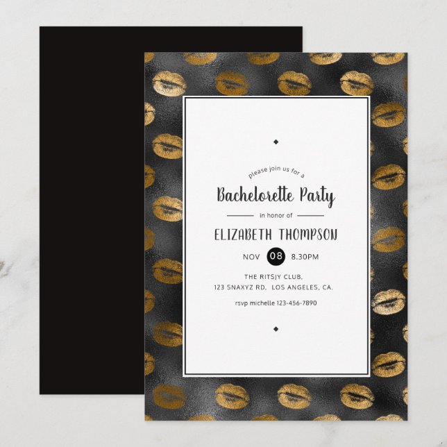 Black and Gold Glam Lips Bachelorette Party Invitation (Front/Back)
