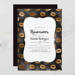 Black and Gold Glam Lips Pattern Quinceañera Invitation