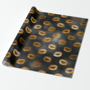 Black and Gold Glam Lips Pattern Wrapping Paper