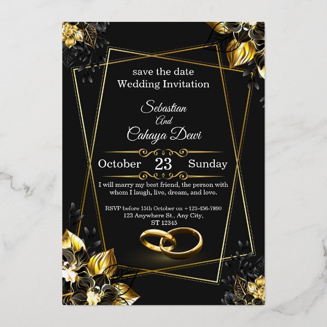 Black and Gold Glam Luxury Wedding Invitation  Foil Invitation (Front)