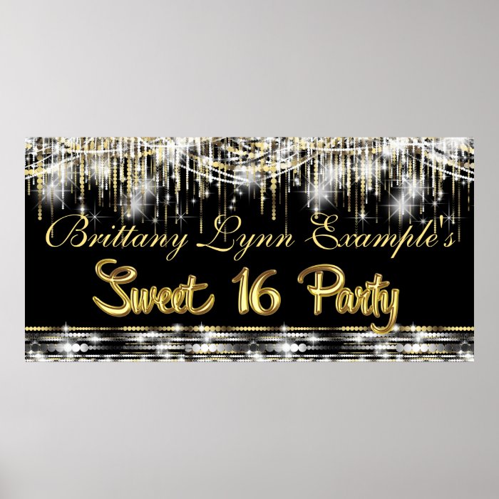 Black and Gold Glam Sweet 16 Party Banner Poster | Zazzle