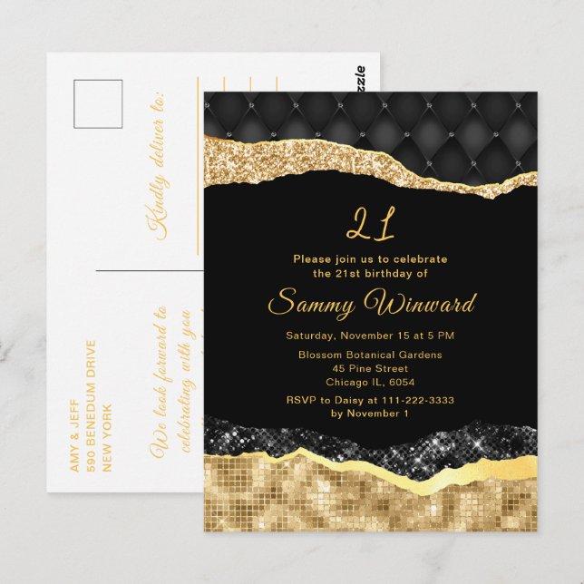 Black and Gold Glam Tears Birthday Party Postcard (Front/Back)